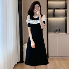 批发实拍露肩<b class='q'>连衣裙</b>花边装饰中长款大码T恤裙女夏