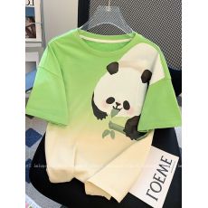 批发仿棉 夏季百搭设计感绿色渐变熊猫短袖t恤女宽松大码300斤情侣装