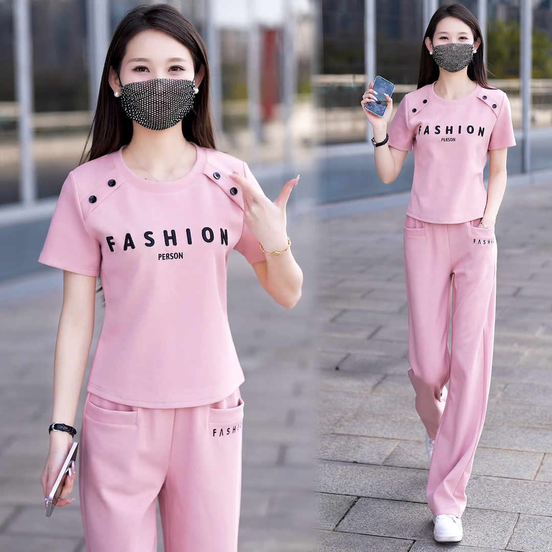 경관 그림 패션 캐주얼 세트 여성 여름 드레스 새로운 슬림해 보이는 반팔 와이드 레그 팬츠 운동 연령 감소 품격 투피스 세트
