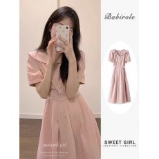 批发茶歇法式复古温柔风绝美粉色娃娃领收腰显瘦中长款衬衫<b class='q'>连衣裙</b>夏季