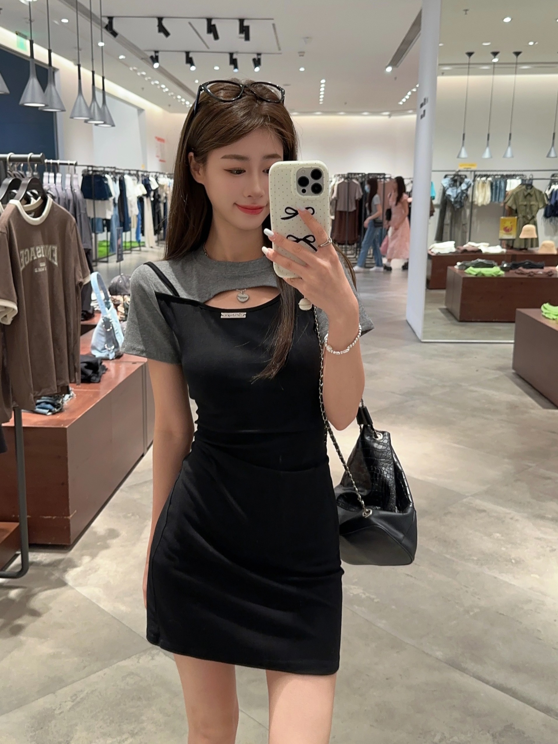 실사 정가 디자인 센스 품격 핫걸 페이크 레이어드 여성 드레스 여름 새로운 배색 슬림해 보이는 타이트 스커트 치마
