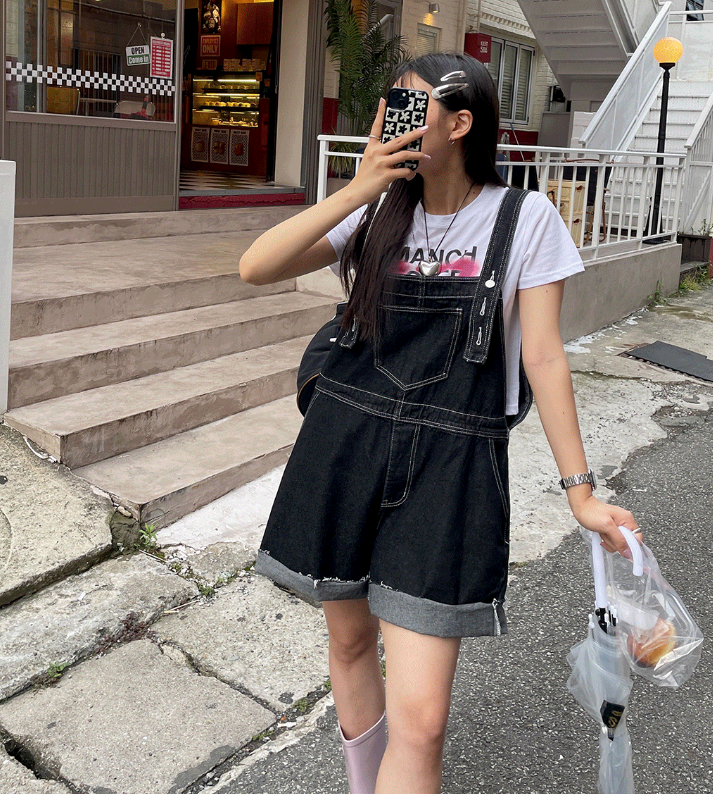 지금 명시적 스티치 루즈핏 핏 스타일 미니멀리즘 캐주얼 멜빵 바지