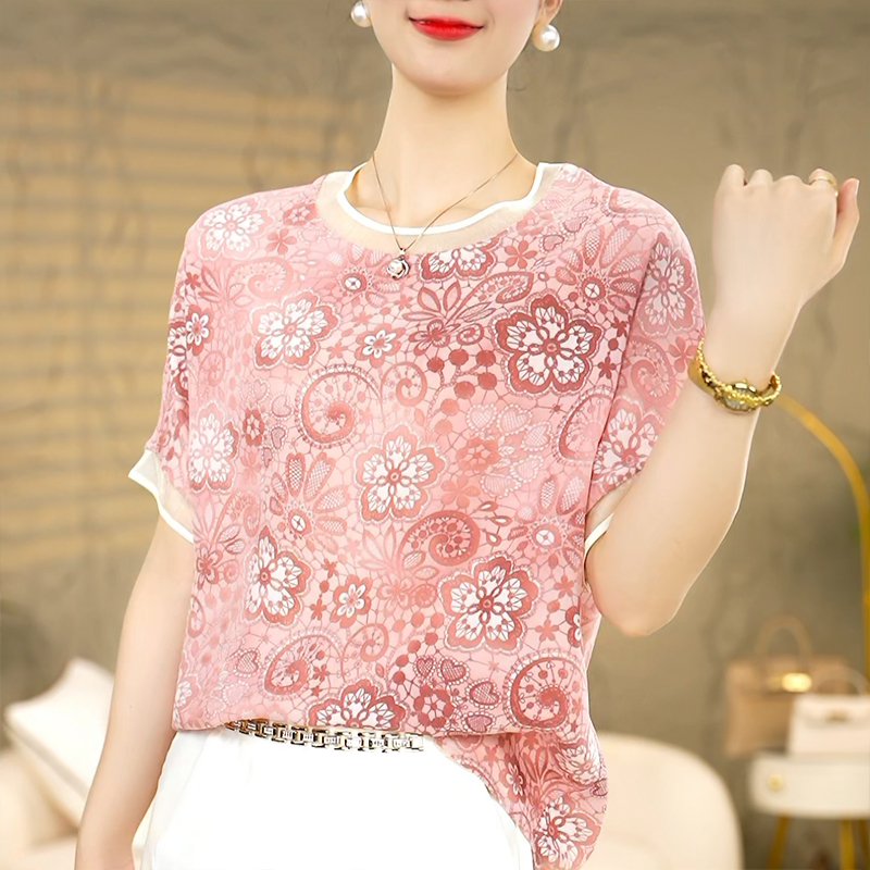 PF7929#夏季粉色减龄气质显瘦上衣小众设计感百搭时尚洋气印花透气小衫女...