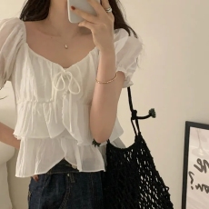 批发已出货 chic时尚荷叶边系带短款衬衫