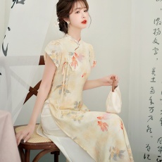 中式改良旗袍复古连衣裙2024夏季新款复古风收腰显瘦气质印花裙子