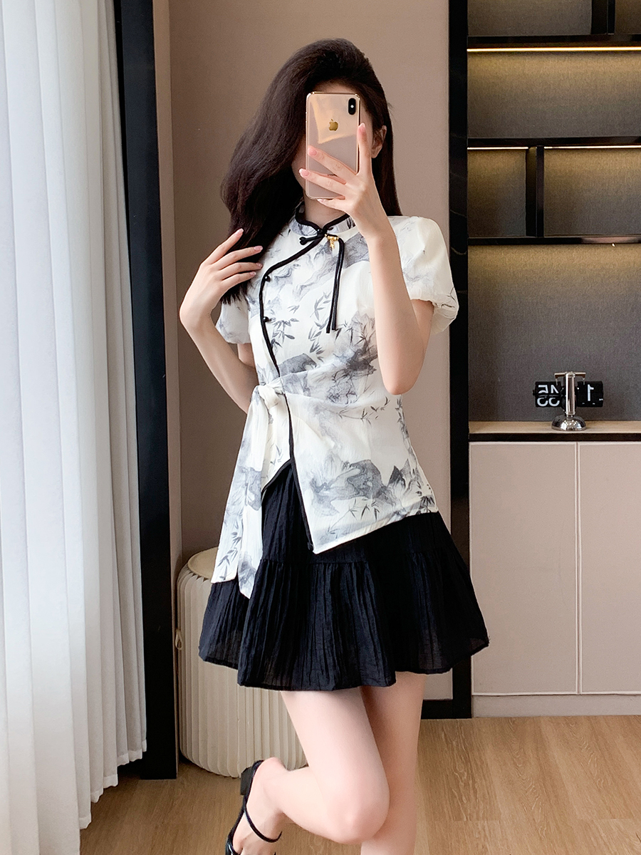 LN29956# 夏季新款新中式国风印花系带衬衫+复古a字短裙两件套