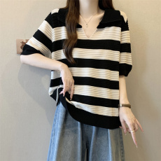 批发实拍 大货已出大码女装夏季胖妹妹POLO领<b class='q'>条纹</b><b class='q'>针织</b>胖mm短袖t恤