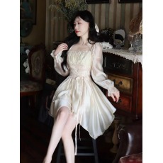 批发Blovelan桃月浅沫 甜美短裙珠光长袖高腰显瘦<b class='q'>连衣裙</b>女夏季新款