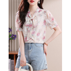 批发实拍泡泡袖法式衬衫女2026年夏季新款蝴蝶结绣花<b class='q'>短袖</b><b class='q'>雪纺上衣</b>