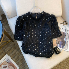 批发实拍 大货 2026夏季新款设计感亮片雪纺<b class='q'>衬衣</b>T洋气花边<b class='q'>短袖</b>上衣<b class='q'>女</b>