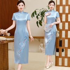 批发蓝色高端婚宴妈妈装复古风年轻款旗袍裙高贵优雅喜婆婆结婚晚礼服