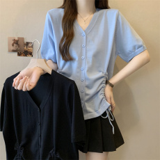 批发实拍 <b class='q'>大码</b>女装夏季胖妹妹V领抽绳设计<b class='q'>针织</b>短袖胖mm<b class='q'>开衫</b>上衣