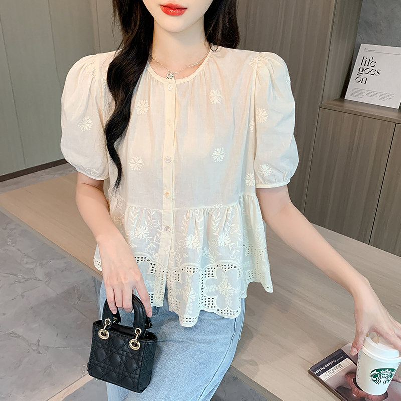 MY6302# 夏季新款韩版百搭圆领短袖绣花娃娃衫衬衫女上衣夏女裝貨源服裝批發