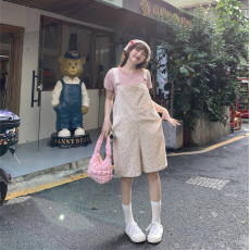 批发韩系减龄碎花牛仔<b class='q'>背带裤</b>女夏季2026新款时尚宽松高腰直筒阔腿短裤