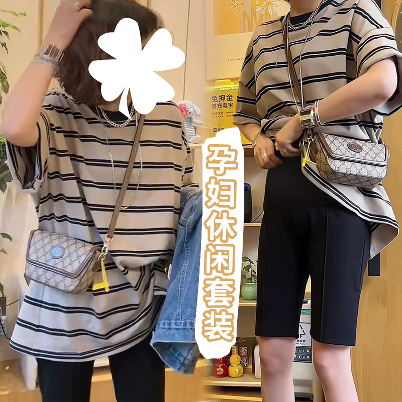 주간 고양이 품질 임산부 스트라이프 배색 라운드 넥 여름 루즈핏 다용도 맨위 5 점 복부 지지 바지 세트