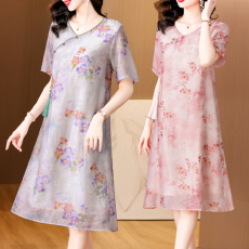 批发香云纱真丝<b class='q'>连衣裙</b>女2026夏新款国风中年妈妈装桑蚕丝花萝宽松裙子