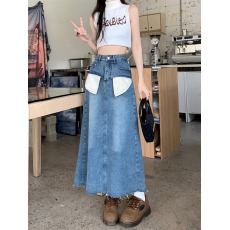 批发实拍复古<b class='q'>中长款</b>鱼尾裙夏季款牛仔裙女毛边高腰显瘦A字遮跨半身裙