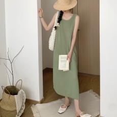 韩版华夫格无袖针织圆领休闲宽松型连衣裙
