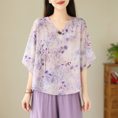 批发新中式高端苎麻印花上衣女短款宽松棉麻<b class='q'>衬衫</b>斜襟V领套头气质<b class='q'>T</b>恤衫