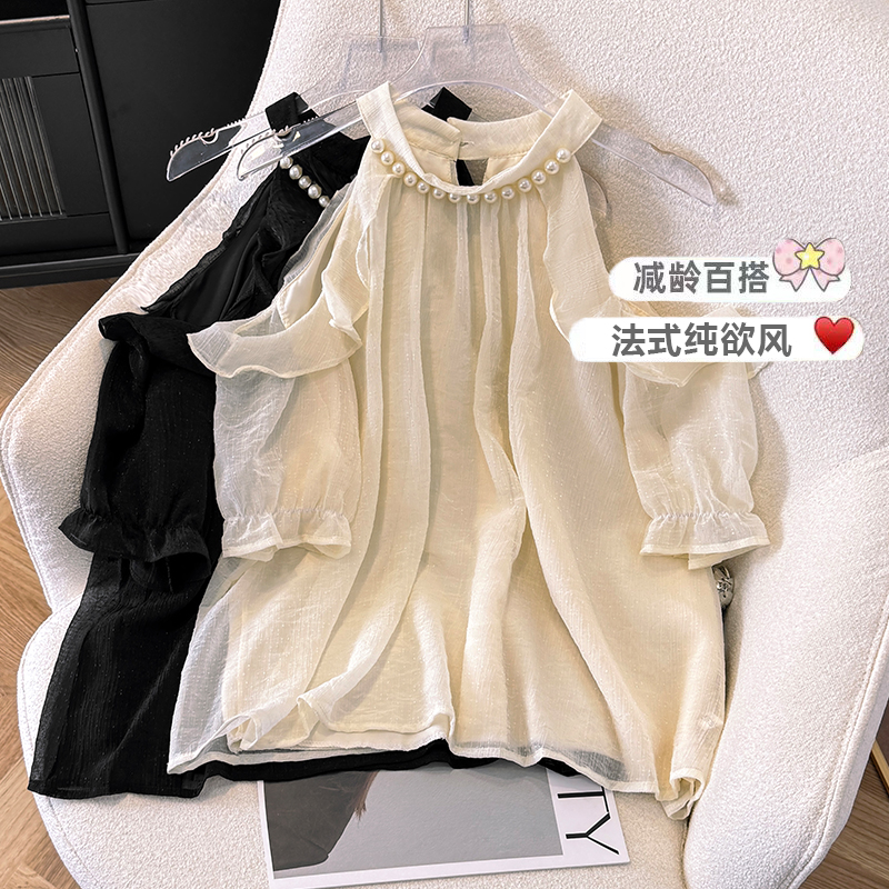 프랑스식 무거운 작업 비즈 박기 라운드 넥 오프숄더 셔츠 여성 여름 새로운 부드러운 바람 품격 슬림해 보이는 Chic 셔츠 맨위