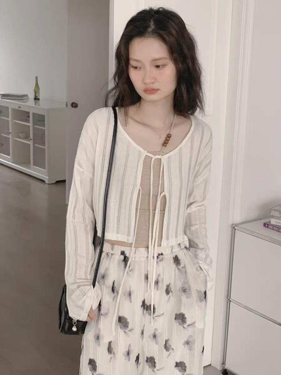 August Solid color thin sun protection cardigan for women in summer with suspender skirt niche high-end air-conditioning shirt top