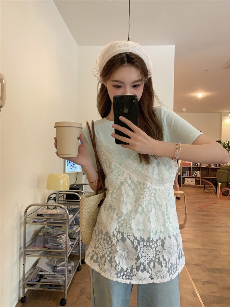 LN46574# 韩版洋气蕾丝吊带叠穿背心女短袖t恤两件套 服裝批發女裝批發服飾貨源