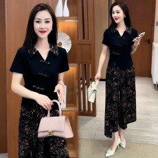 批发官图  休闲套装女2026年夏季时尚中年妈妈短袖<b class='q'>上衣</b>阔腿裤两件套潮