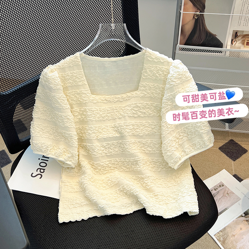 PF8057#雪纺短袖女夏季2024新款设计感小众法式方领t恤泡泡袖短款女...