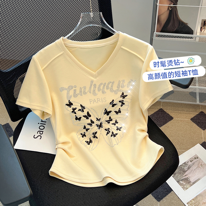 PF8056#V领短袖T恤女夏季新款镶钻字母设计蝴蝶创意印花装饰洋气收腰上...