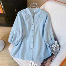 批发日系<b class='q'>森女</b>风镂空刺绣小V领<b class='q'>衬衫</b>女文艺宽松百搭七分袖上衣纯棉夏季