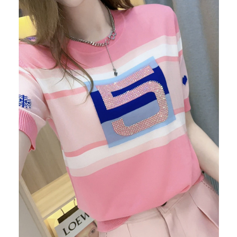 FA36163# 欧洲站短袖t恤女针织衫冰丝夏季新款大码女装半袖上衣服  服裝批發女裝批發服飾貨源
