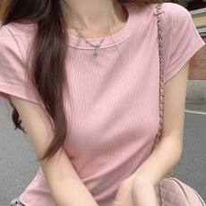 实价实拍#粉色螺纹纯棉正肩圆领短袖t恤女夏季夏体恤上衣2024新款