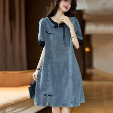 批发复古新中式提花拼接<b class='q'>牛仔</b><b class='q'>连衣裙</b>女2026夏新款大码宽松改良旗袍裙子
