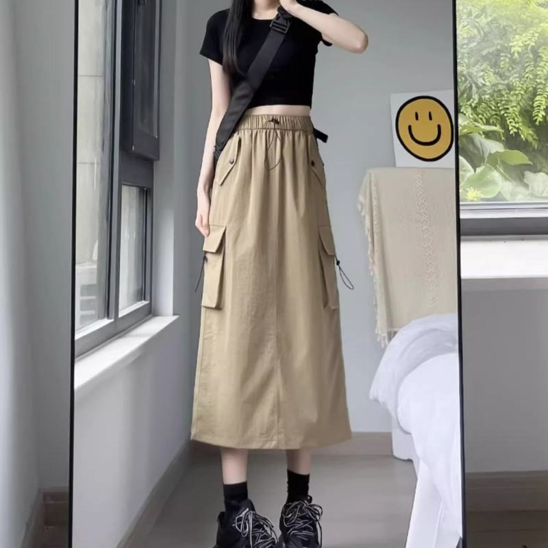 High-density diagonal washed 100% cotton American retro workwear skirt for women high-waisted A-line slimming mid-length skirt