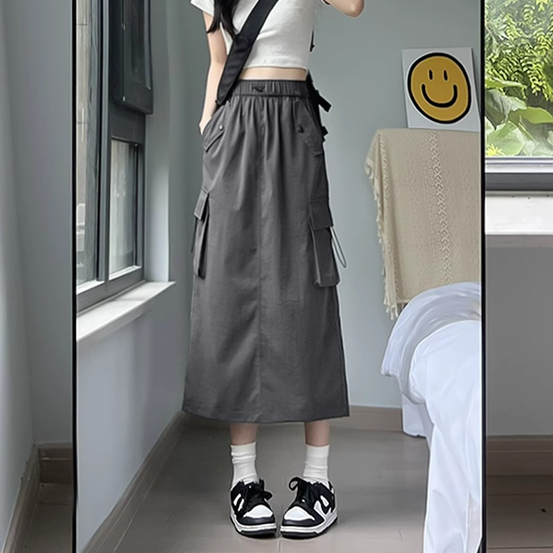 High-density diagonal washed 100% cotton American retro workwear skirt for women high-waisted A-line slimming mid-length skirt