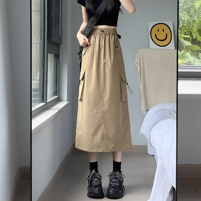 High-density diagonal washed 100% cotton American retro workwear skirt for women high-waisted A-line slimming mid-length skirt