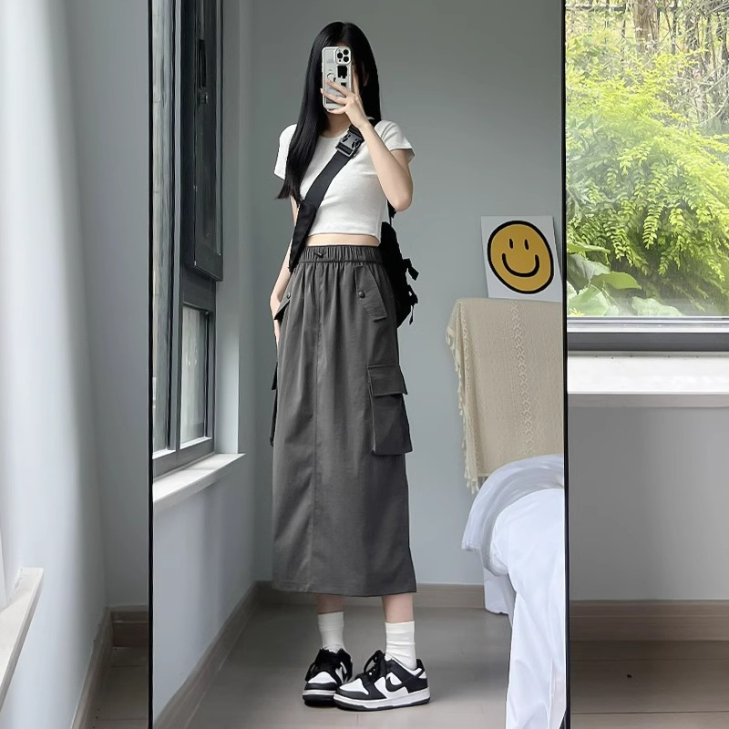 High-density diagonal washed 100% cotton American retro workwear skirt for women high-waisted A-line slimming mid-length skirt