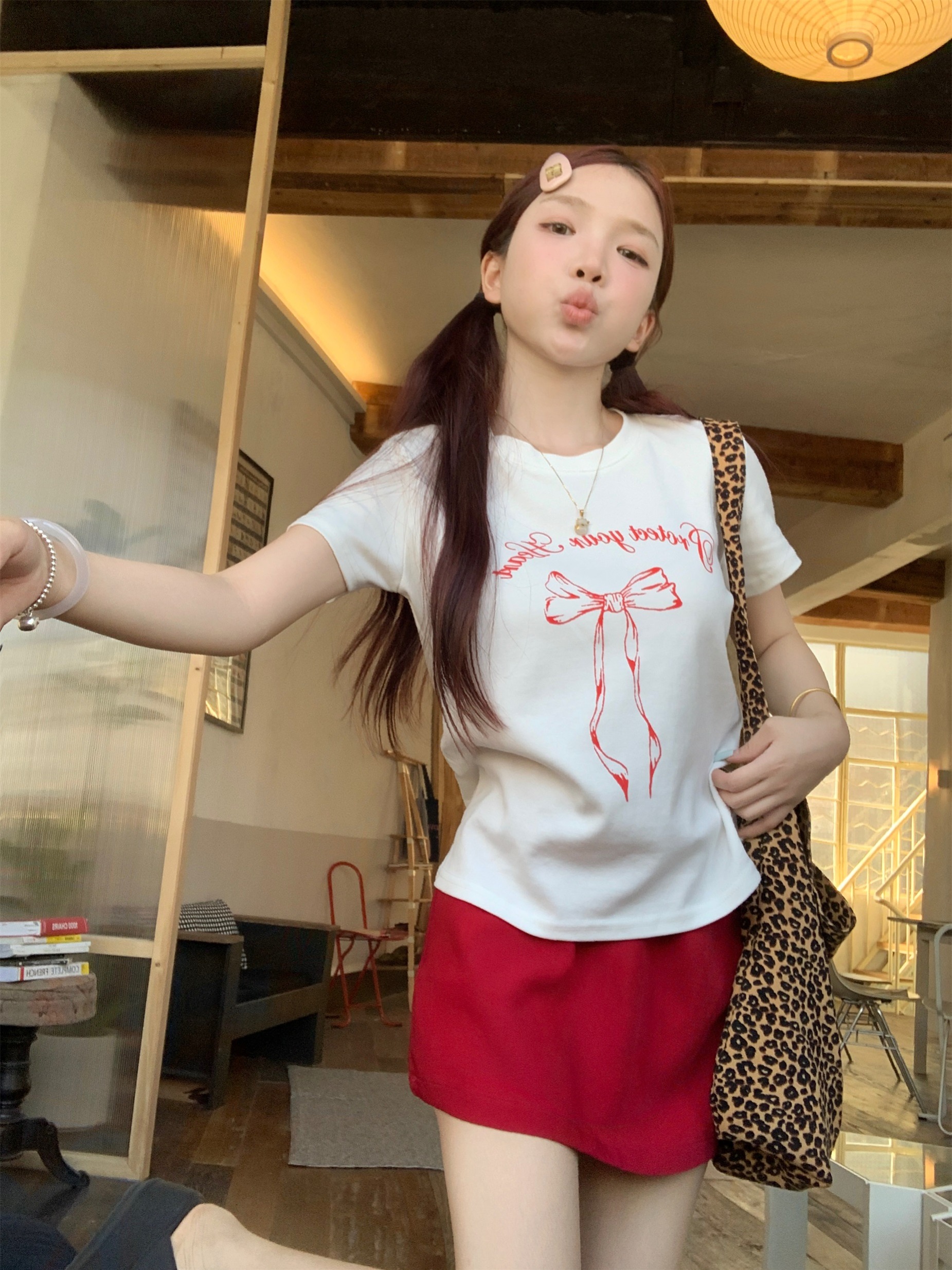 PF8537#韩系甜美蝴蝶结字母印花正肩短款圆领T恤女裝貨源服裝批發