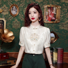 批发实拍新中式立领刺绣女士<b class='q'>衬衫</b>夏季2026新款百搭小衫显瘦短袖上衣