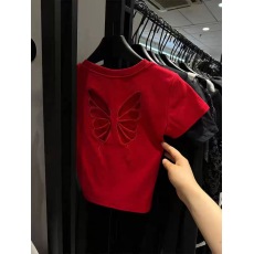 批发t恤女2024年<b class='q'>新款</b>红色正肩短袖上衣显瘦小众设计感今年流行的夏