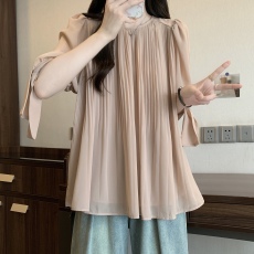 批发2025新款大码女装甜美温柔风灯笼袖蓝色衬衫女新款设计感短袖上衣