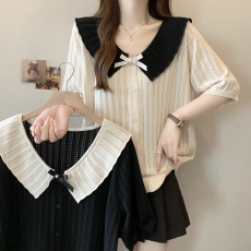 批发实拍~胖MM大码娃娃领蝴蝶结设计感<b class='q'>镂空</b>短袖<b class='q'>针织衫</b>显瘦T恤上衣