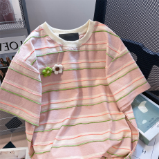 批发条纹云彩棉夏季大码甜美立体花朵短袖t恤<b class='q'>男</b>女高级小众条纹上衣潮