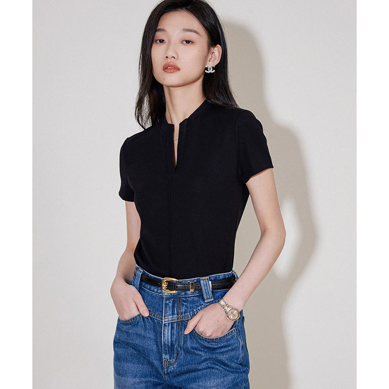 Open V-neck short-sleeved right-shoulder round-neck T-shirt spring and summer new style simple solid color slim fit top