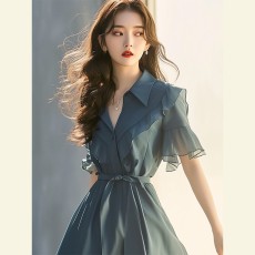 批发2026年夏装女那不勒斯法式高端精致荷叶边收腰蓝色雪纺衬衫<b class='q'>连衣裙</b>