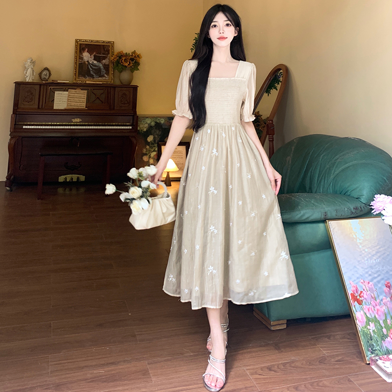 MY3017# 大码女装夏季茶歇森女甜美风拼接中长裙公主袖方领短袖连衣裙女裝貨源服裝批發