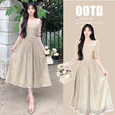 批发实拍大码女装夏季新款森女甜美风中长裙公主袖方领短袖套头连衣裙