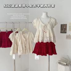 DOLL原创红豆啵啵夏季新款红色波点半身裙裙系带小上衣两件套