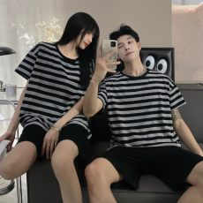 批发情侣双短睡衣女夏季新款仿棉短袖高级感可外穿男士家居服三件<b class='q'>套装</b>