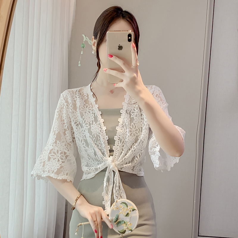 있음 선적 레이스 홀로우 아웃 반팔 오픈 가디건 작은 숄 작은 어깨 여름 다용도 2024 여름 얇은 여성 코트